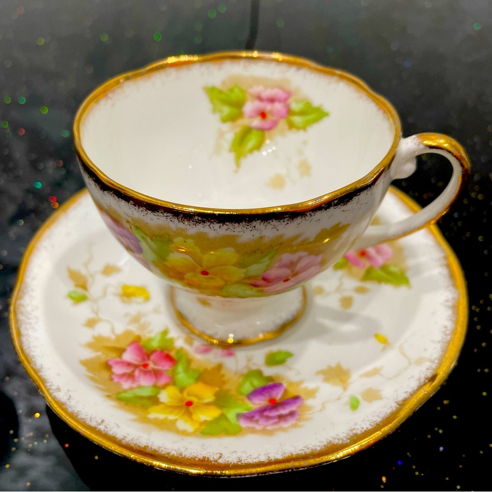 Royal Standard Bone China Vintage Teacup & Saucer Pink Purple Yellow Floral